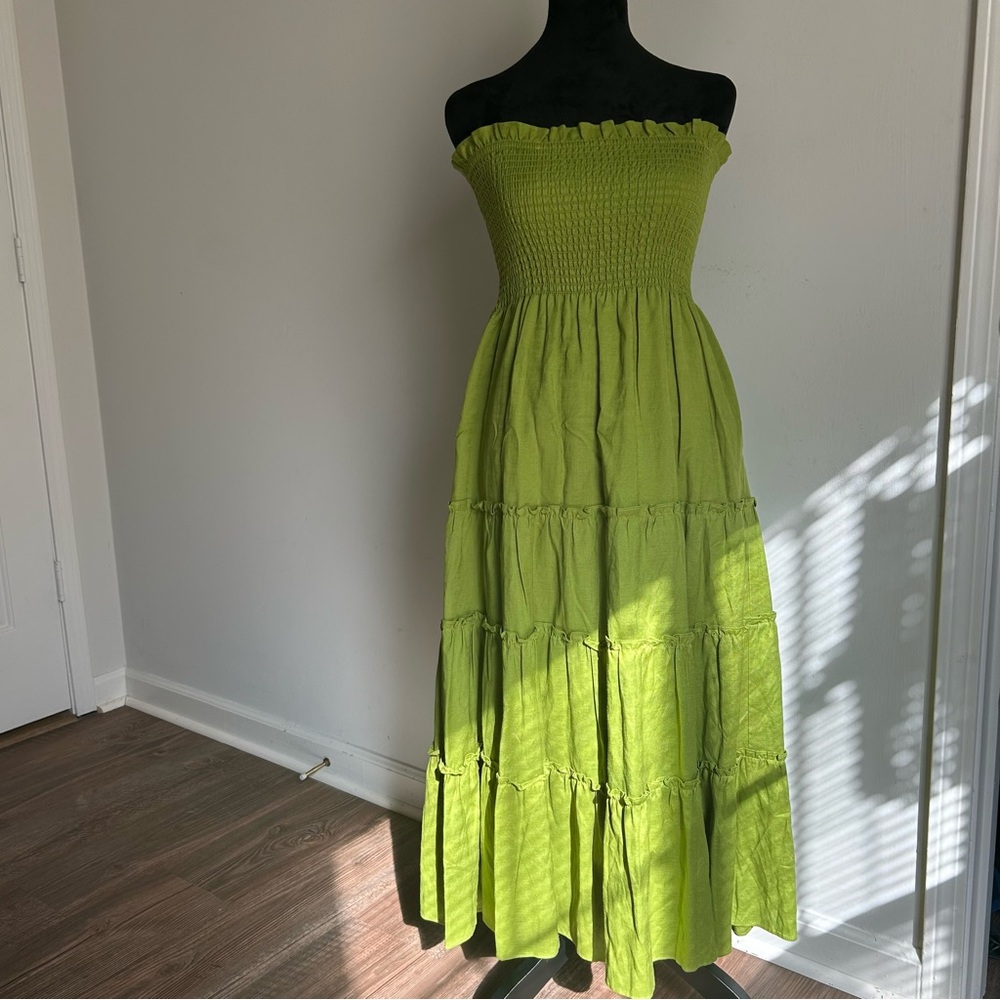 o.p.t Strapless Smocked Tiered Maxi Green Dress
